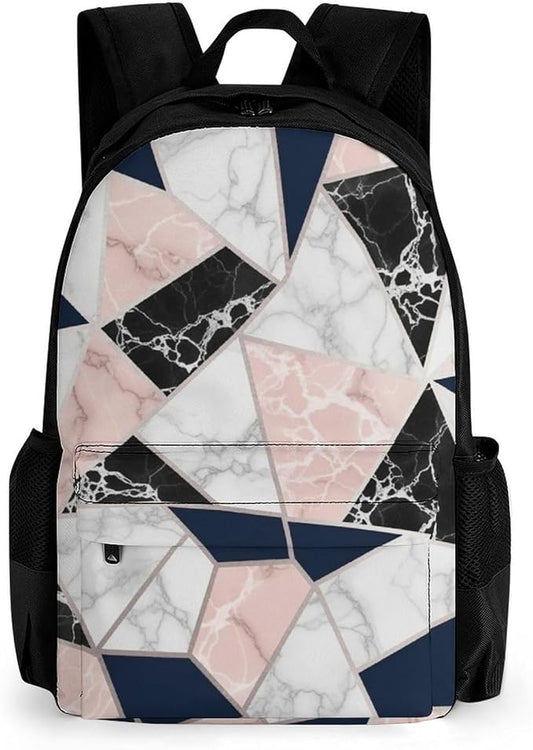 Men Women Lightweight 80S Pink Rose Gold White Blue Geometric Marble Pattern Backpack Large Capacity Bookbag With Smooth Zippers for Gym Business Running