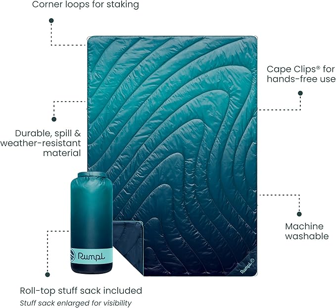 Rumpl Original Puffy Blanket - Warm, Water-Resistant Camping Blanket with 100% Recycled Synthetic Insulation, 52"x75", Original Puffy V2, Ocean Fade