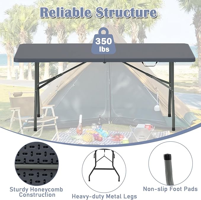 Tangkula 6 FT Folding Table, Indoor Outdoor Foldable Plastic Table with HDPE Tabletop, Sturdy Metal Fame, Carrying Handle, Heavy Duty Portable Fold-in-Half Picnic Table for Camping BBQ Party