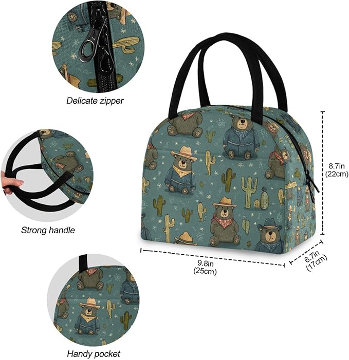 Kcldeci Kids Lunch Bag Insulated Lunch Box for Boys Girls Western Funny Bear Reusable Toddler Leak-proof Lunchbox for School and Daycare