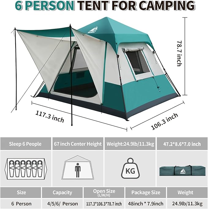 Hewolf Instant Tent for 4-6 Person Camping, Waterproof Easy Pop Up Tent Sets Up in 60 Seconds for Family Outdoor Hiking & Backpacking with Carry Bag