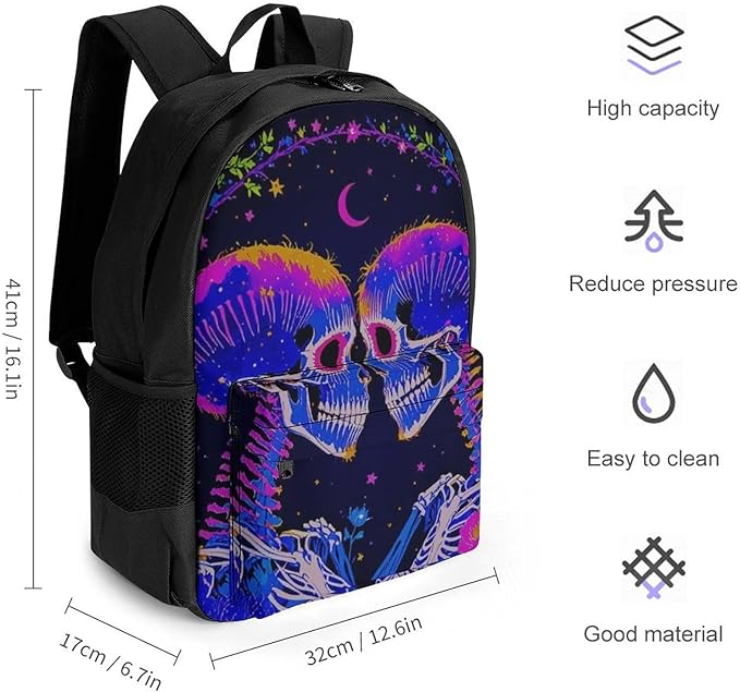 Rucksack Anti-Theft Multipurpose Big Capacity Carry On Bag, Psychedelic Skeleton Love Art Traveling Camping Backpack With Side Pockets
