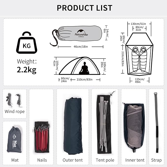 Naturehike Cloud-Up 3 Person Lightweight Backpacking Tent with Footprint - 3 Season Free Standing Dome Camping Hiking Waterproof Backpack Tents