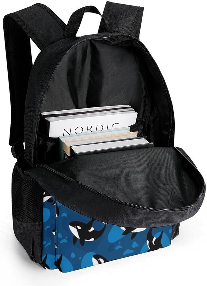 Polyester Daypack Backpack for Sports Travel Running, Big Capacity Anti-Theft Multipurpose Carry On Bag, Ocean Orca Killer Whale Laptop Book Bag Rucksack
