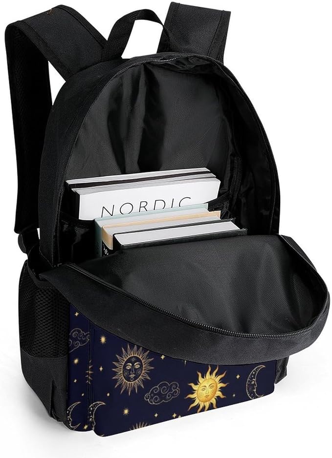 Supdreamc Men Women Lightweight Sun Moon Boho Astrology Backpack Large Capacity Bookbag With Smooth Zippers for Gym Business Running