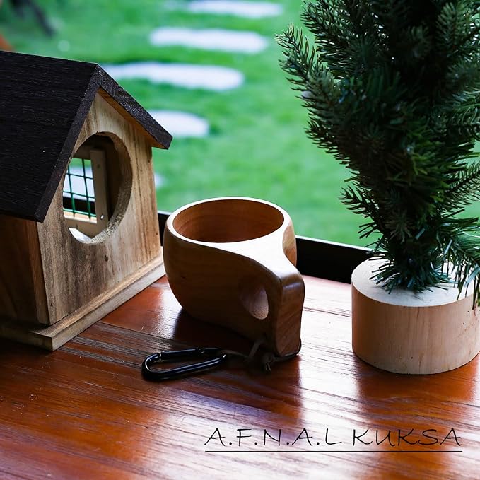 Kuksa Camping Mug Wooden Bushcraft Handcarved Cup, Nordic Style Coffee & Hiking Kuksa, Walnut Wood, Double Hole, 6.7 oz., 6.3" x 3.8" x 2.4"