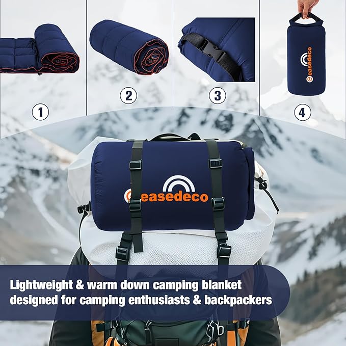 Down Camping Blanket - Lightweight Packable Warm Puffy Travel Quilt with Footbox, 650 Fill Power Waterproof Outdoor Blankets for Hiking, Travel Down Quilt, Navy Blue, 1lb 1oz / 77''*52''
