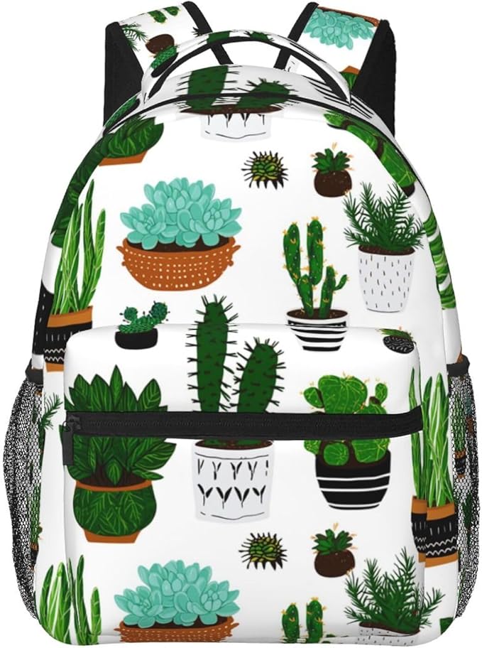Men Women Lightweight Green Cactus Art Backpack Large Capacity Bookbag With Smooth Zippers for Gym Business Running