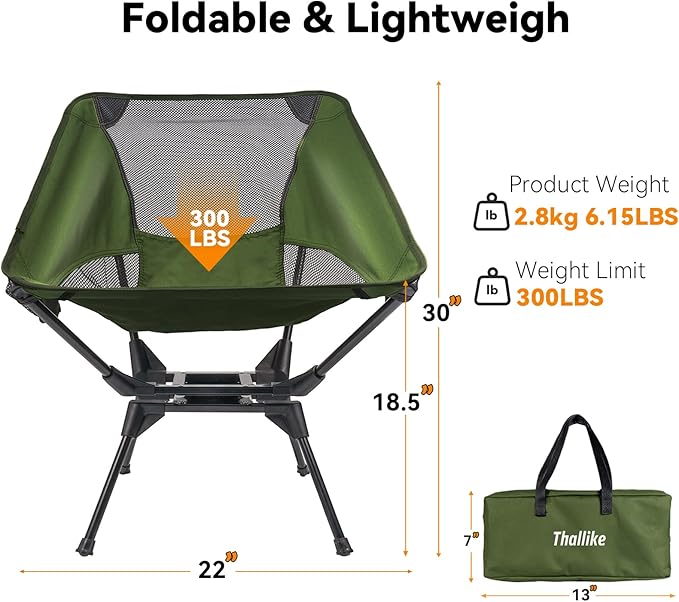 Upgraded 360° Swivel Camping Chair for Adults, Portable Folding Chair with Cup Holder, Lightweight Compact Backpack Outdoor Chair for Travel, Fishing, Hiking, and Beach