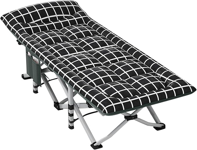 Folding Camping Cot with Mattress and Pillow, Portable No Installation Lightweight Adult Sleeping Bed for Home,Office,Camping and Travelling (Black and White)