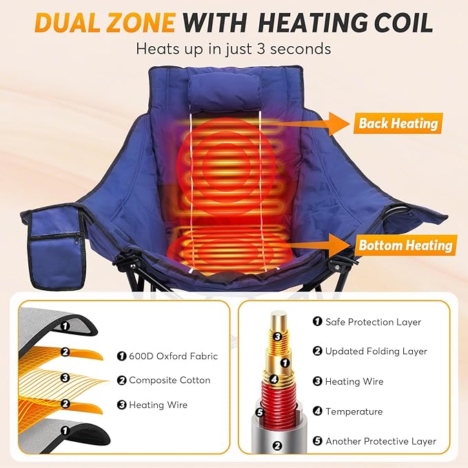 Suteck Heated Rocking Camping Chair - Fully Thicker Padded Heated Chairs for Outdoor Sports W/3 Heat Levels for Back & Seat, Heated Folding Chair for Adults with Carry Bag- Battery NOT Included