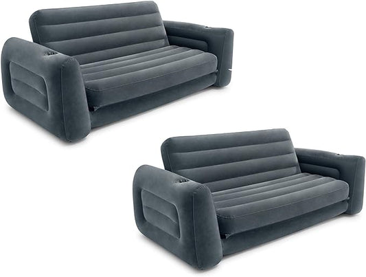 Intex 2 in 1 Inflatable Pull Out Sofa and Queen Size Air Bed Mattress with Cup Holders for Indoor and Outdoor Use for Adults (2 Pack), Charcoal Gray