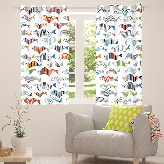 Manfei Cute Fish Blackout Curtains Fishing Theme Window Drapes,Cartoon Fish Wildlife Animals Window Treatments,Kids Boys Girls Room Decor,Grommet Top 2 Panel Set Bedroom Curtains, 42Wx90L inch