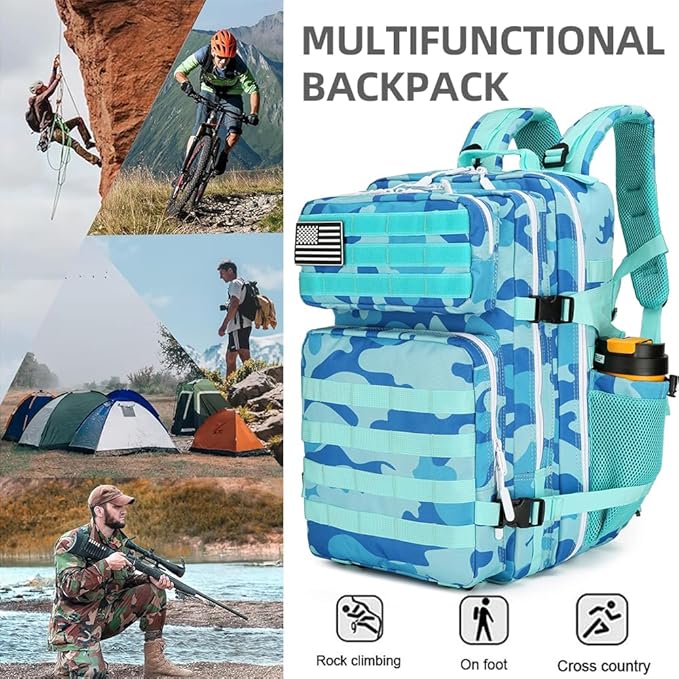 45L Military Tactical Backpacks 3 Days Assault Pack Bag Fitness Rucksack 3 Day Bug Out Bag Hiking Treeking Molle Daypack (Blue CP)