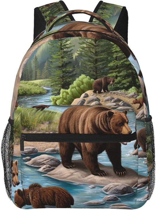Rucksacks Lightweight Multipurpose Anti-Theft Bears Lovers Mountain River Pattern Shoulder Bag Big Capacity Traveling Camping Backpack With Side Pockets