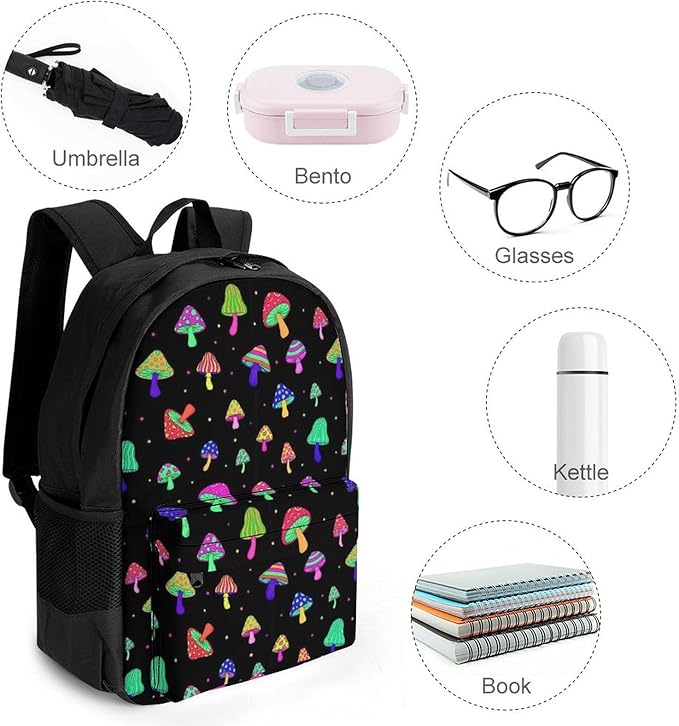 Men Women Lightweight Neon Mushrooms Colorful Backpack Large Capacity Bookbag With Smooth Zippers for Gym Business Running