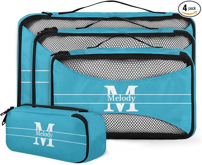 Custom 4 Packing Cubes Set, Lightweight Mesh Travel Luggage Organizers for Travel, Lake Blue Initial Letter 4 Pieces Suitcase Storage Bags