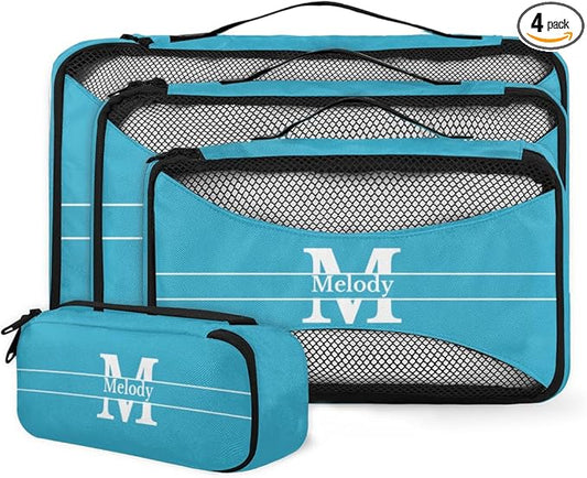 Custom 4 Packing Cubes Set, Lightweight Mesh Travel Luggage Organizers for Travel, Lake Blue Initial Letter 4 Pieces Suitcase Storage Bags