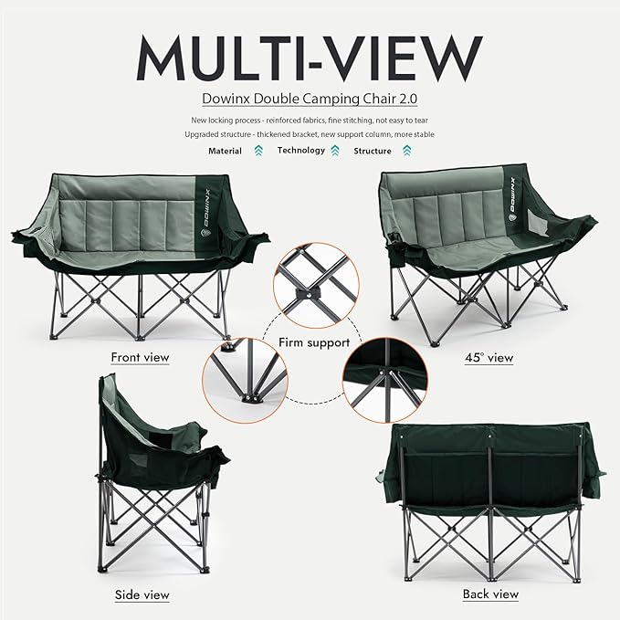 Dowinx Double Camping Chair Loveseat with Cup Holders & Wine Glass Holders, Oversized Folding Outdoor Lawn Chair 660lbs, Portable Padded Seat with Storage Bag for Adults, Beach, Patio, Picnic - Green