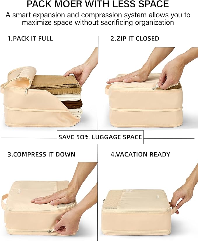 Hanke 7 Piece Expandable Compression Packing Cubes, Premium Travel Packing Organizers for Suitcases/Carry On, Luggage Organizer Bags with Breathable Mesh & Label,Off White
