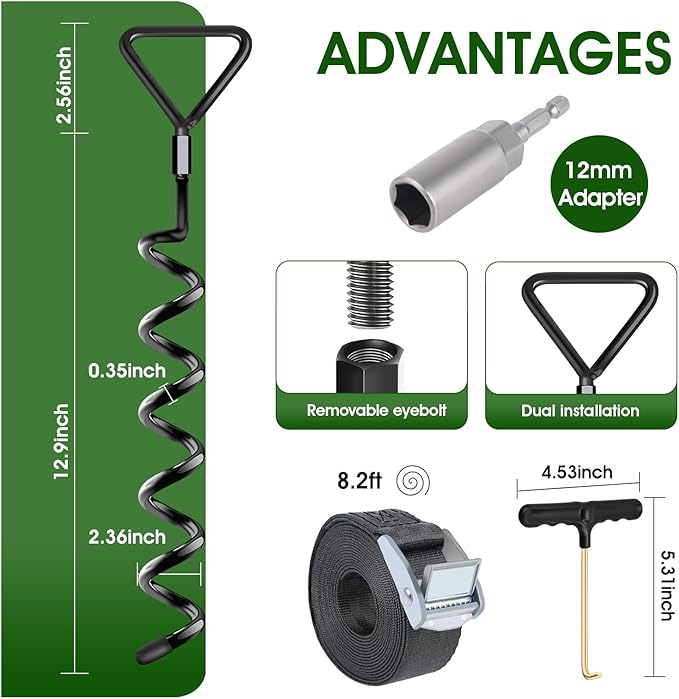 Earth Anchors Trampoline Heavy Duty Stakes Kit - Spiral Screw In Ground Anchors with Straps for Swing Set