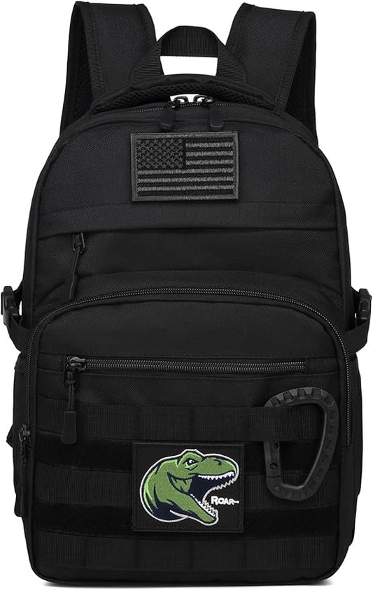 Kids Tactical Backpack Army Molle Bookbag Military Boys Backpack for School, Outdoor, Camping (Includes 2 Patches +1 Carabiner), Black