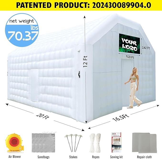 WARSUN 20x16.5x12Ft Inflatable Night Club Extra Large Inflatable Party Tent with Logo Area Blow up Nightclub Tent for Wedding Birthday Raves Dance Floor Yard Party (White)