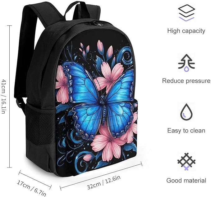 Supdreamc Lightweight Rucksacks for Climbing Outdoors Walking Cycling, Large Capacity Anti-Theft Multipurpose Carry On Bag, Blue Butterfly Camping Outdoor Backpack