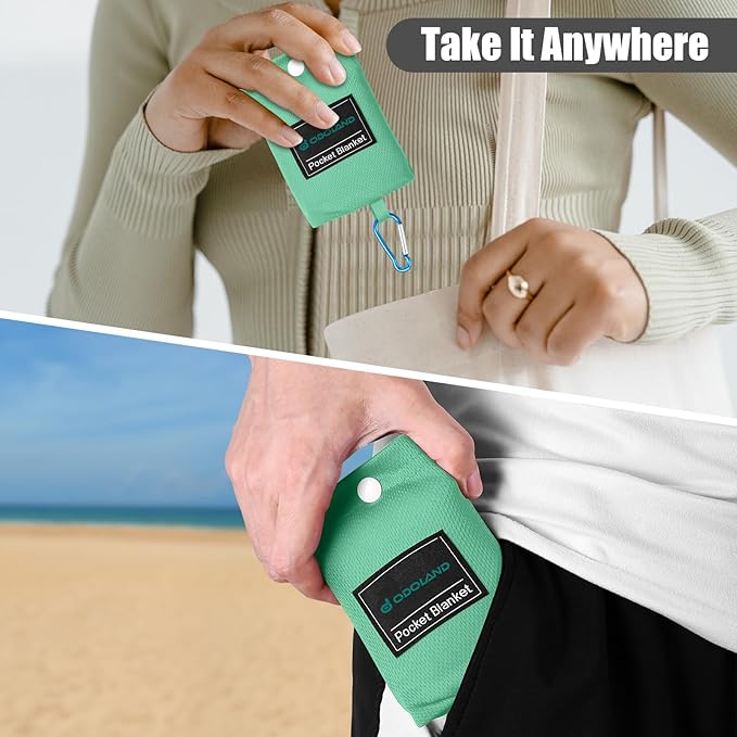 Odoland Beach Blanket Picnic Blanket, 43" x 63" SandProof Waterproof Outdoor Pocket Blanket with Portable Bag, Foldable Lightweight Sand Free Quick Drying Mat for Hiking Camping Travel, Light Green