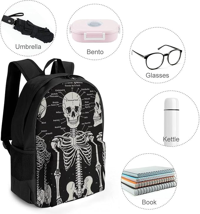 Lightweight Backpack for Gym Travel Bicycle, Big Capacity Multipurpose Anti-Theft Carry On Bag, Dark Skeleton Anatomy Skull Black Travel Hiking Bag Day Pack
