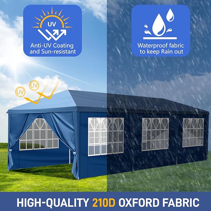 Outvita 10x30ft Ez Pop Up Canopy, Portable Instant Canopy Tent with 8 SideWalls for Outdoor Events, Party, Wedding, Birthday,Graduation Blue