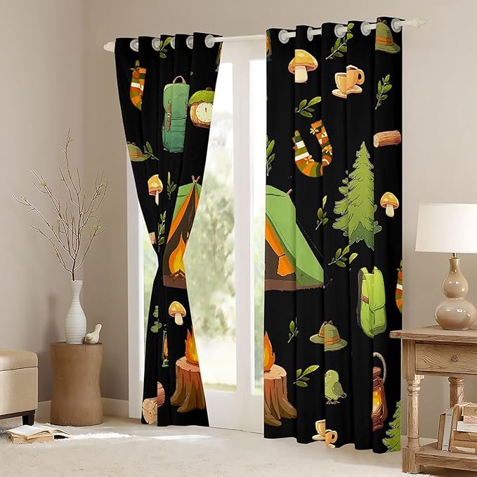 Feelyou RV Camping Camper Blackout Curtains Happy Camping Darkening Drapes for Bedroom Living Room Decor Camper Black Thermal Insulated Shades Window Treatments, 2 Panels 38 x 54 Inch