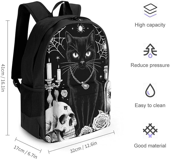 Supdreamc Polyester Daypack Backpack for Climbing Outdoors Running, Big Capacity Multipurpose Anti-Theft Bookbag, Black Cat Rose Skull Goth Travel Hiking Camping Rucksack