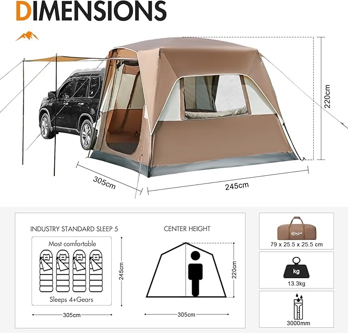 Portal 5-Person SUV Tent with Porch, 2-in-1 Car Camping Tent, Water-Resistant & Windproof, Trunk Tent for Travel & Outdoor Adventures