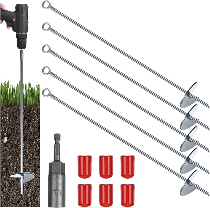 Gisafai 6 Pcs 30 Inch Long Ground Anchors Spiral Blade Earth Shed Anchor Kit Heavy Duty Tent Trampoline Hook 12 mm Thick Metal Swing Set Wind Stake for Mobile Home Canopies (Silver)