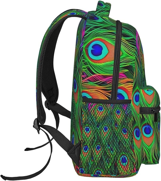 Shoulder Book Bags Anti-Theft Multipurpose Big Capacity Bookbag, Colorful Peacock Feather Art Travel Hiking Backpack With Smooth Zippers