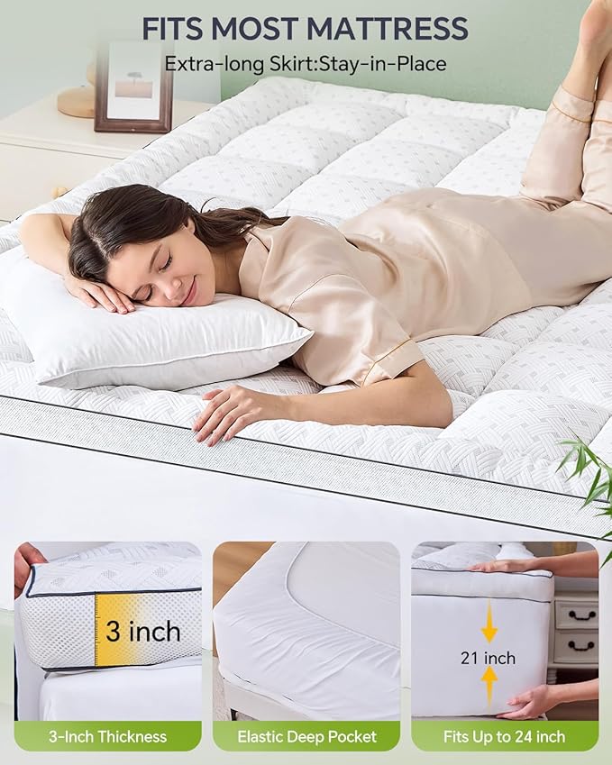 3 Inch Mattress Topper Twin,Pillow Top Mattress Topper with Bamboo Rayon Cover,Breathable Mesh Sides Mattress Pad,21" Deep Pocket,Soft Support for Twin Size Memory Foam Mattress Bed Topper