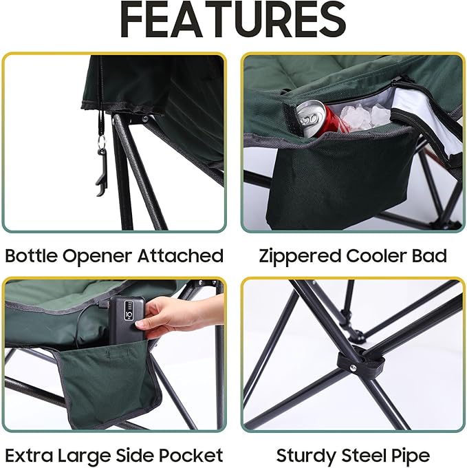 Nice C Heated Camping Chairs with Battery, Outdoor Heated Sports Chair, Oversized XL Padded Camping Chair, Wide&Thick, Heavy Duty 400lb, Carry Bag, Cup Holder & Cooler (One Green)