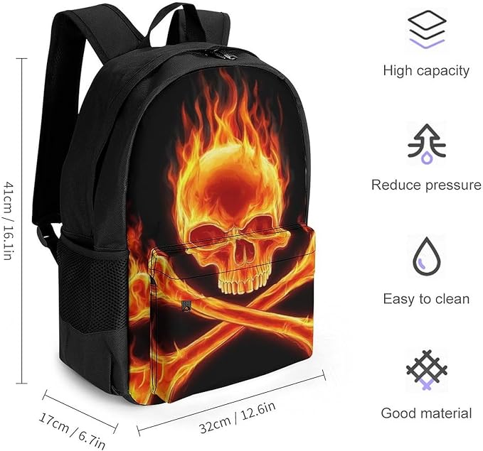 Polyester Daypack for Camping Travel Walking Cycling, Big Capacity Anti-Theft Multipurpose Bookbag, Fire Flaming Skull Crossbones Camping Outdoor Backpack