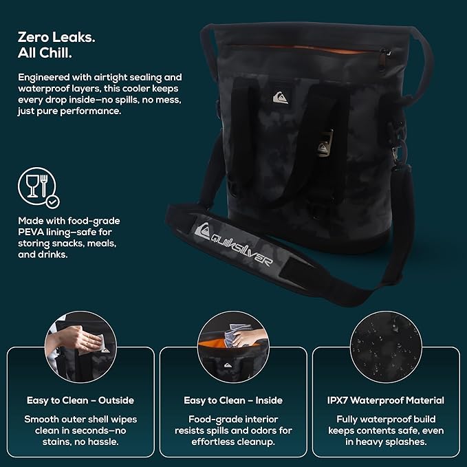 Quiksilver Zipperless Backpack Cooler 30L, Holds 36 Cans, 48 Hour Insulation, Leakproof & Waterproof Design, Heavy Duty TPU, IPX7, Padded Straps, Kangaroo Pockets