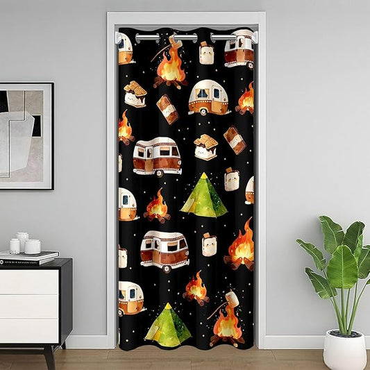 Cute Camping Car Door Curtain For Doorway Privacy for Girls Boys - Cartoon RV Camper Blackout Curtain Happy Camping Adventure Theme Door Drape Kawaii Campfire Tent Window Treatment 34"W x 80"L