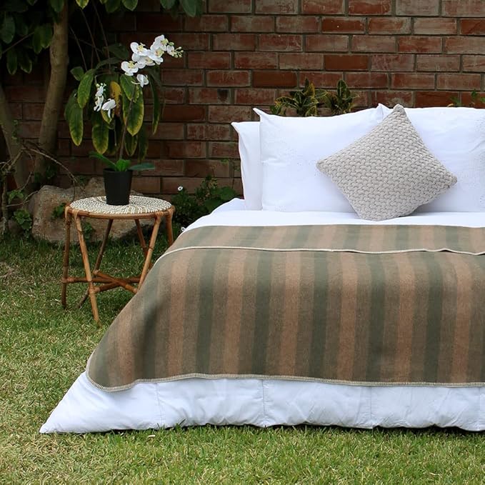Thick Alpaca Wool Blanket Heavyweight Camping Outdoors Indoors Soft Peru Twin Size Stripes Design (Camel/Olive Green, Twin Size)