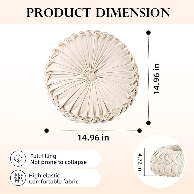 2 Pcs Round Throw Pillows Decorative Pumpkin Velvet Boho Pleated Bed Pillows Back Support for Couch Chair Dorm Car 14.96'' (Apricot)