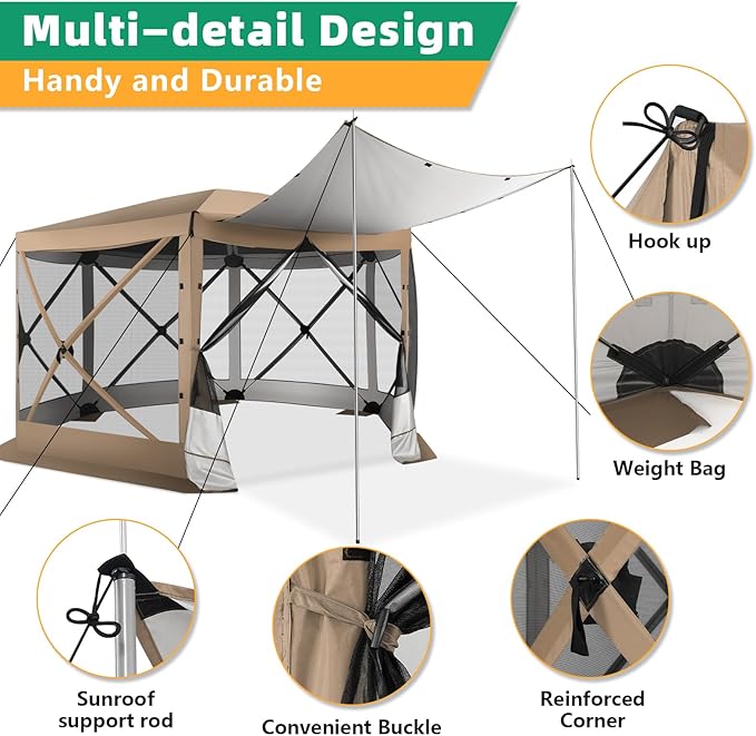 COBIZI 12x12FT Pop Up Gazebo Screen Tent Screen House for Camping, Camping Outdoor Screened Gazebo with Sidewalls, Hub Tent Instant Screened Canopy with Carrying Bag and Ground Stakes, khaki(Upgraded)