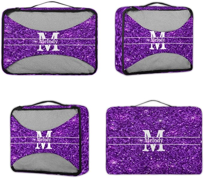 Custom Name 4 Pcs set travel luggage organizer Mesh Travel Essentials for Suitcases, Purple Sequins with Initial Letter