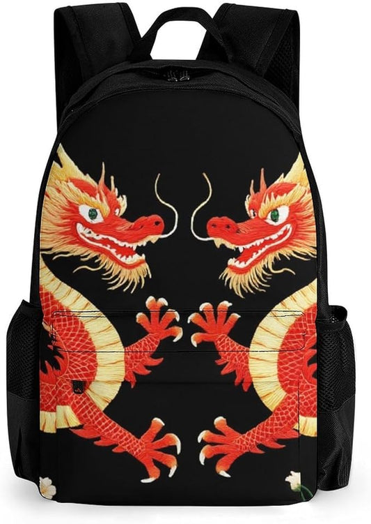 Men Women Polyester Floral Chinese Japanese Dragon Flower Backpack Large Capacity Bookbag With Smooth Zippers for Climbing Picnic Bicycle
