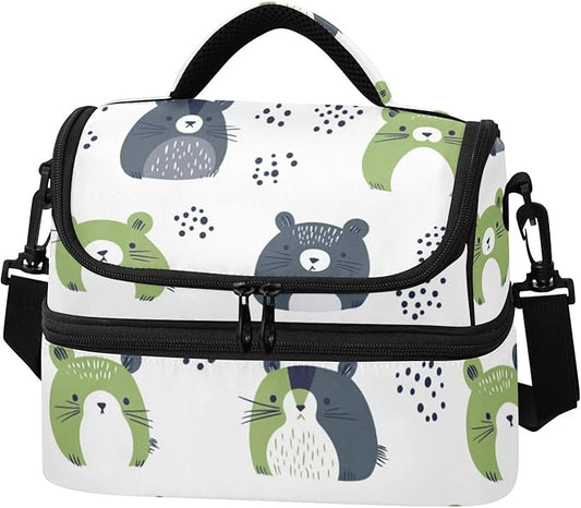 Double-layer Lunch Bag safaris Simple Bears Green Soft Cooler Cooling boxes? with Detachable Shoulder Strap for Beach, Camping, Road Trips