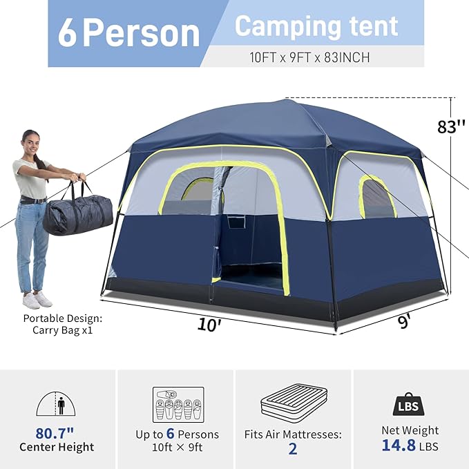 Outvita 6 Person Camping Tent with Carry Bag, Waterproof Windproof Easy Setup, Portable Family Camping Tent with 1 Mesh Door & 5 Large Mesh Windows, 10'X9'X83in