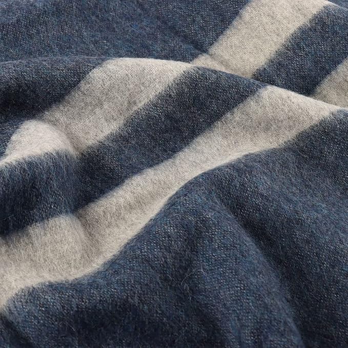 Thick Alpaca Wool Blanket Heavyweight Camping Outdoors Indoors Soft Peru Queen Size Stripes Design (Blue Jean/Soft Gray, Queen Size)