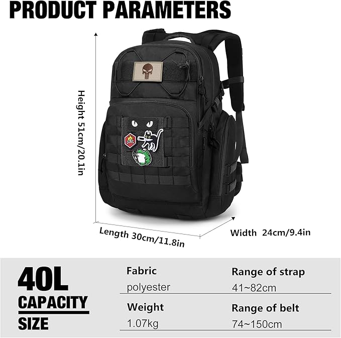 Mardingtop Military Tactical Backpack for Men 40L Molle Rucksack EDC Daypack for Hiking,Travel,Camping, Hunting(With 10Pcs Patches and 3Pcs Buckles)